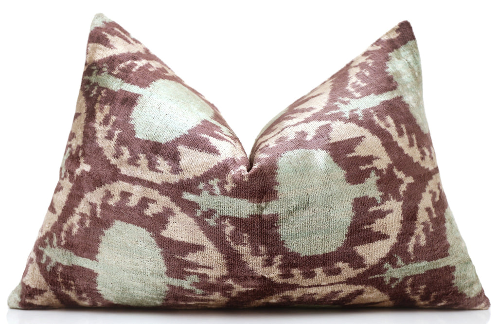 Handmade Velvet Ikat Lumbar Pillow 16x24 | Dusty Rose & Sage Medallion
