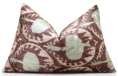 Handmade Velvet Ikat Lumbar Pillow 16x24 | Dusty Rose & Sage Medallion