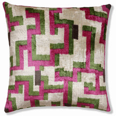 Modern Geometric Silk Velvet Pillow 20x20 | Handmade Pink & Green Designer Cushion