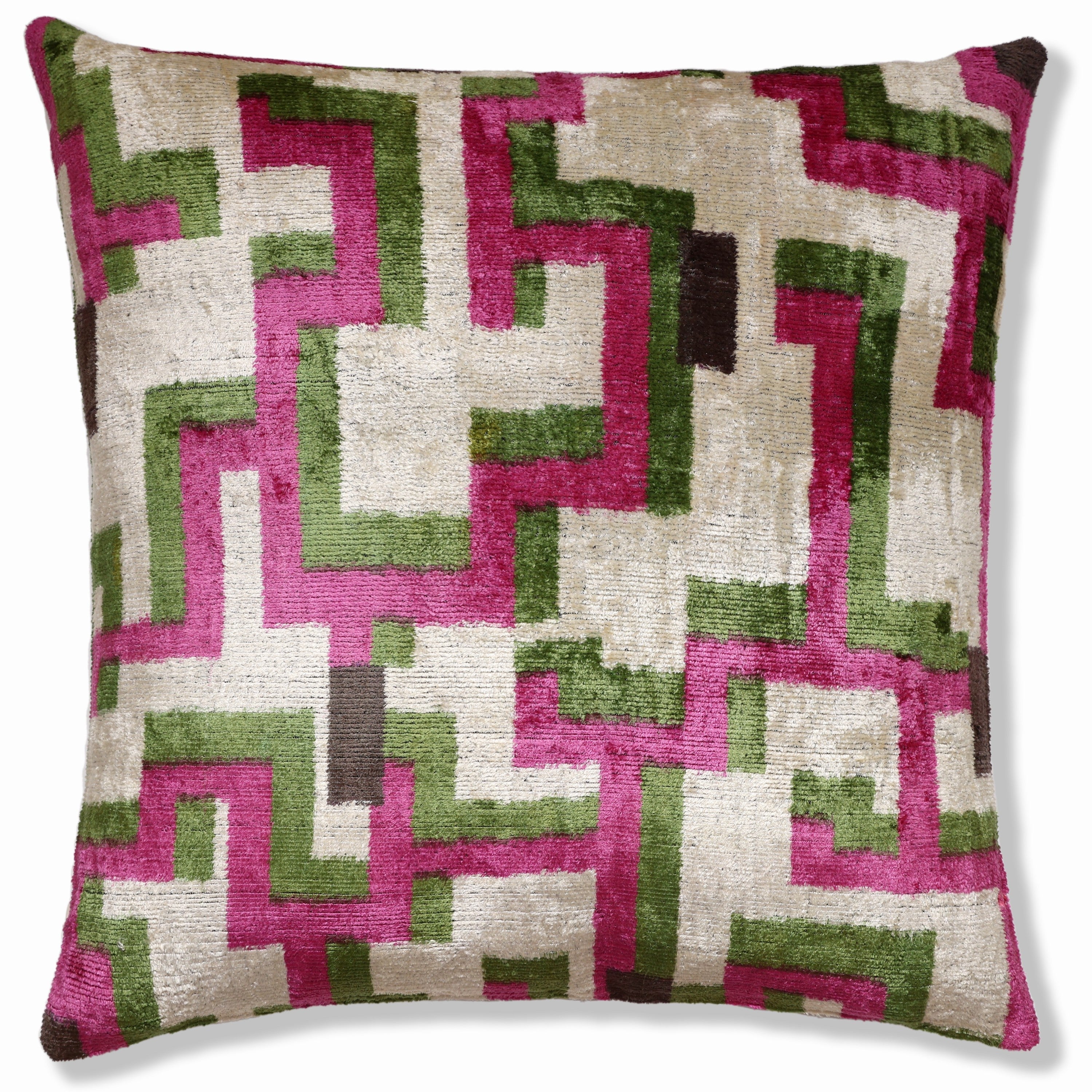 Modern Geometric Silk Velvet Pillow 20x20 | Handmade Pink & Green Designer Cushion