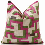 Modern Geometric Silk Velvet Pillow 20x20 | Handmade Pink & Green Designer Cushion