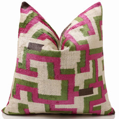 Modern Geometric Silk Velvet Pillow 20x20 | Handmade Pink & Green Designer Cushion