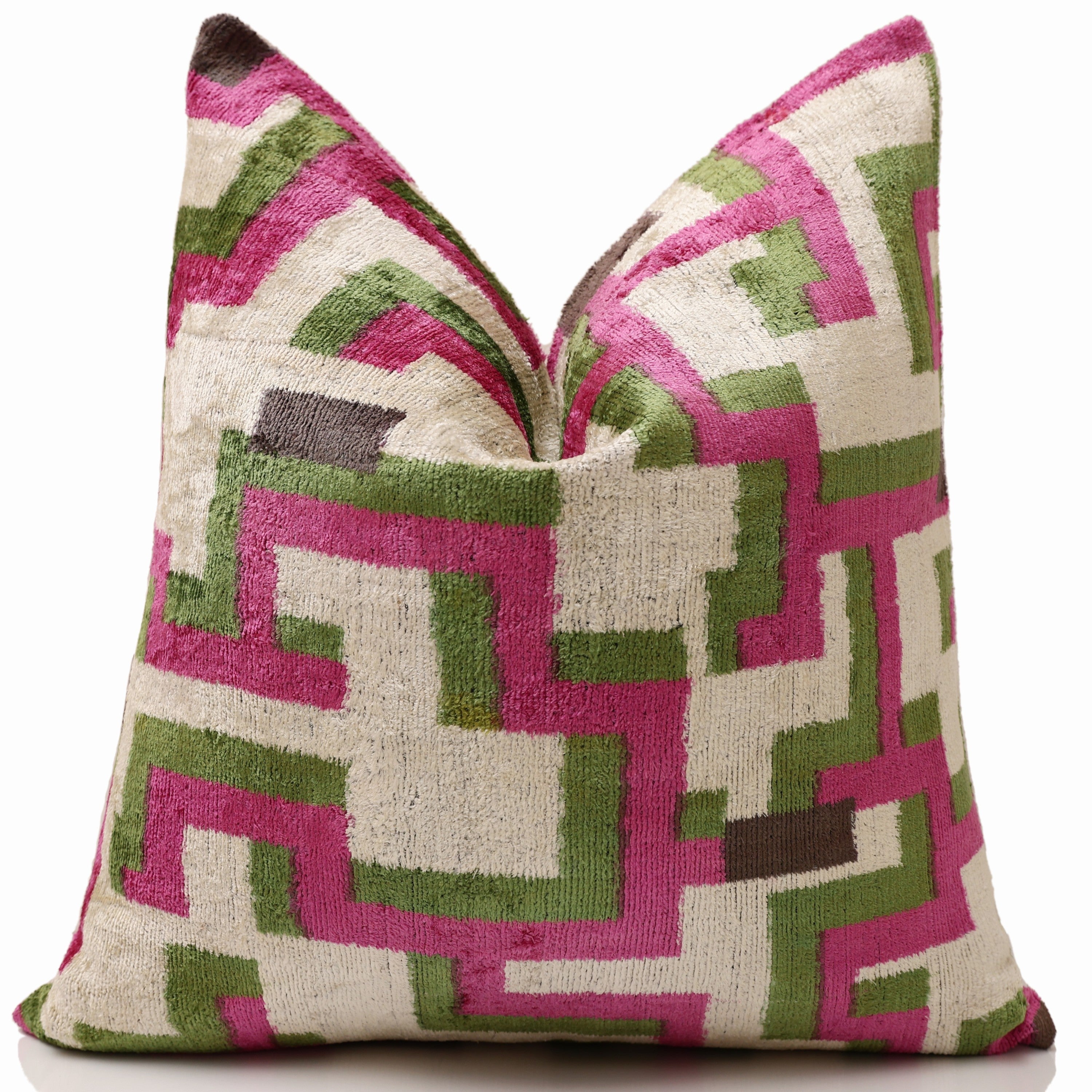 Modern Geometric Silk Velvet Pillow 20x20 | Handmade Pink & Green Designer Cushion