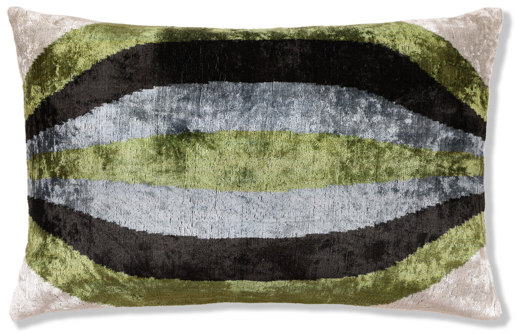Handmade Olive Green & Charcoal Ikat Velvet Lumbar Pillow 16x24 | Modern Organic Accent