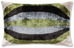 Handmade Olive Green & Charcoal Ikat Velvet Lumbar Pillow 16x24 | Modern Organic Accent