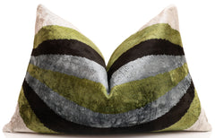Handmade Olive Green & Charcoal Ikat Velvet Lumbar Pillow 16x24 | Modern Organic Accent