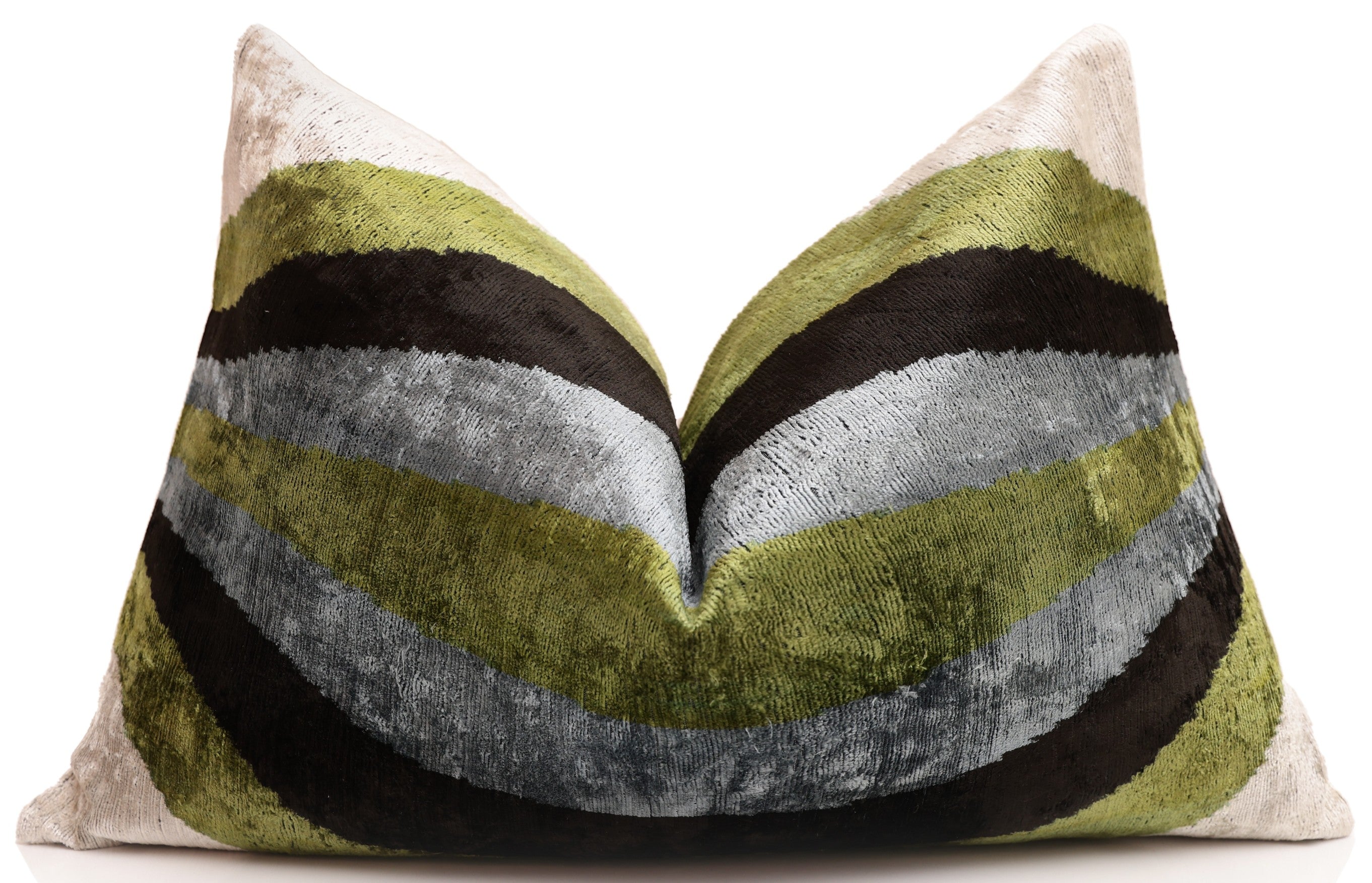Handmade Olive Green & Charcoal Ikat Velvet Lumbar Pillow 16x24 | Modern Organic Accent