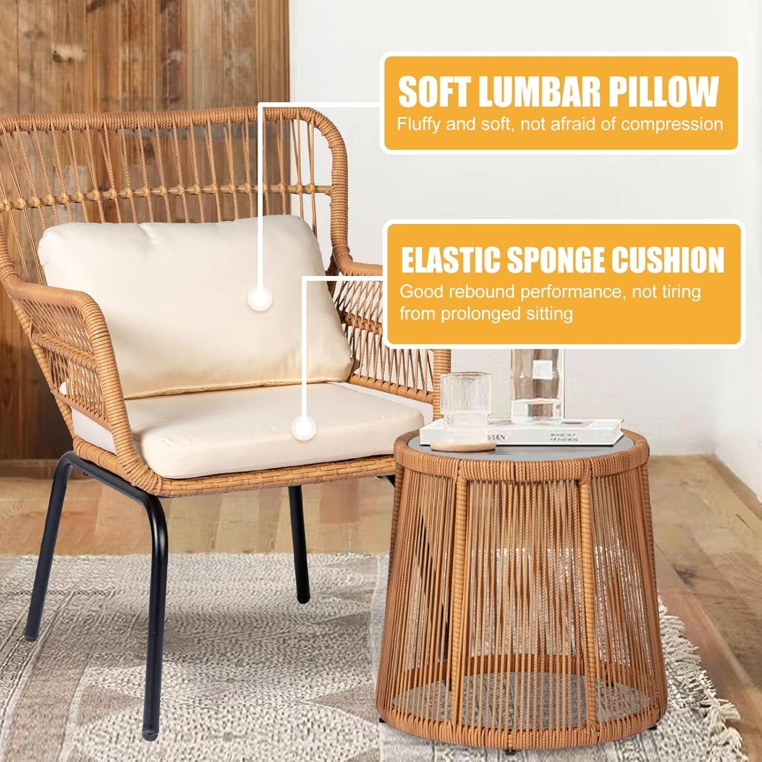 Outdoor Patio Wicker Bistro Set 3 Piece Yellow Beige-3