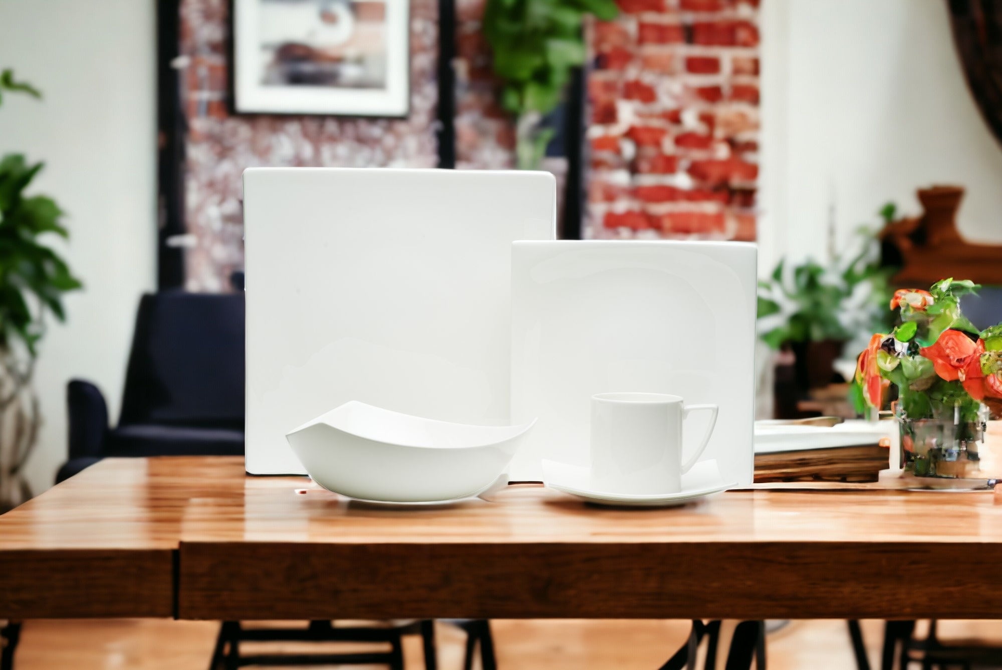 White Five Piece Square Bone China Dinnerware Set-1