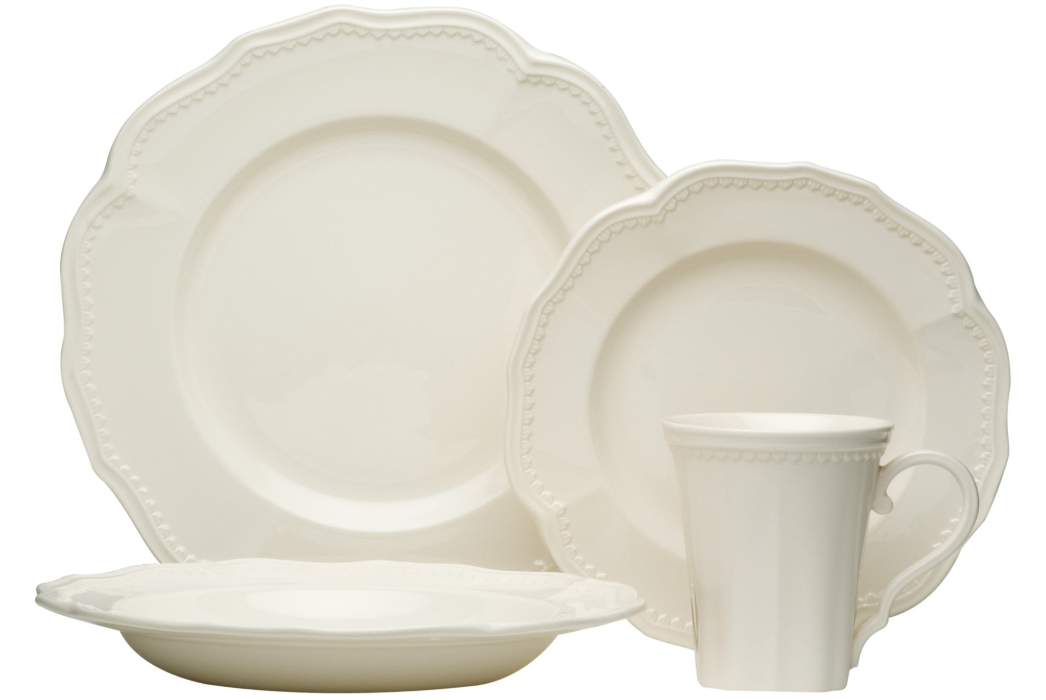 White Four Piece Scallop Stoneware Service For Four Dinner Plate Set-4