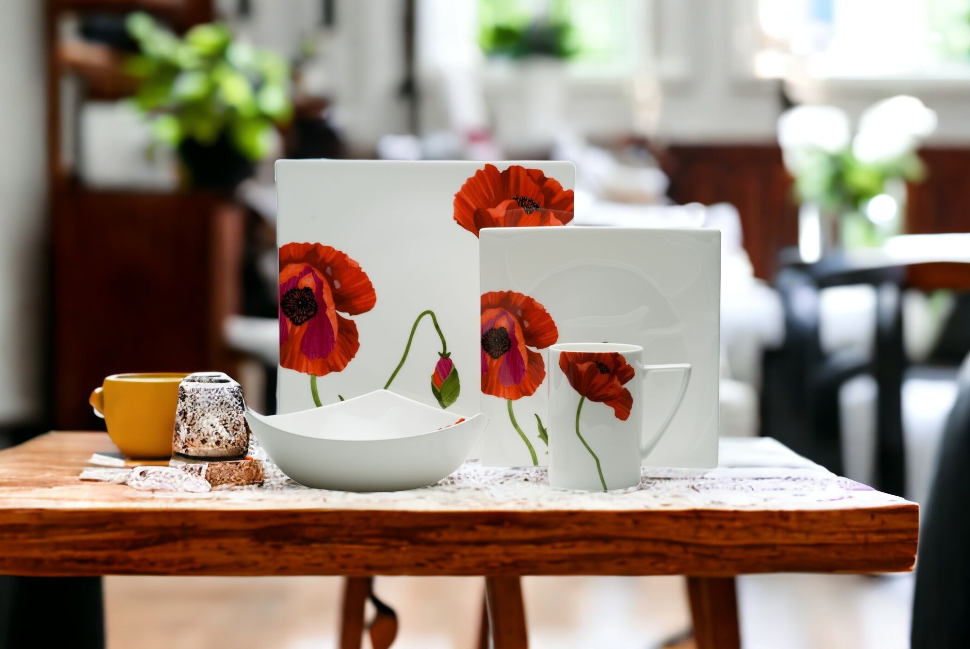 Red and White Four Piece Square Floral Bone China Dinnerware Set-0