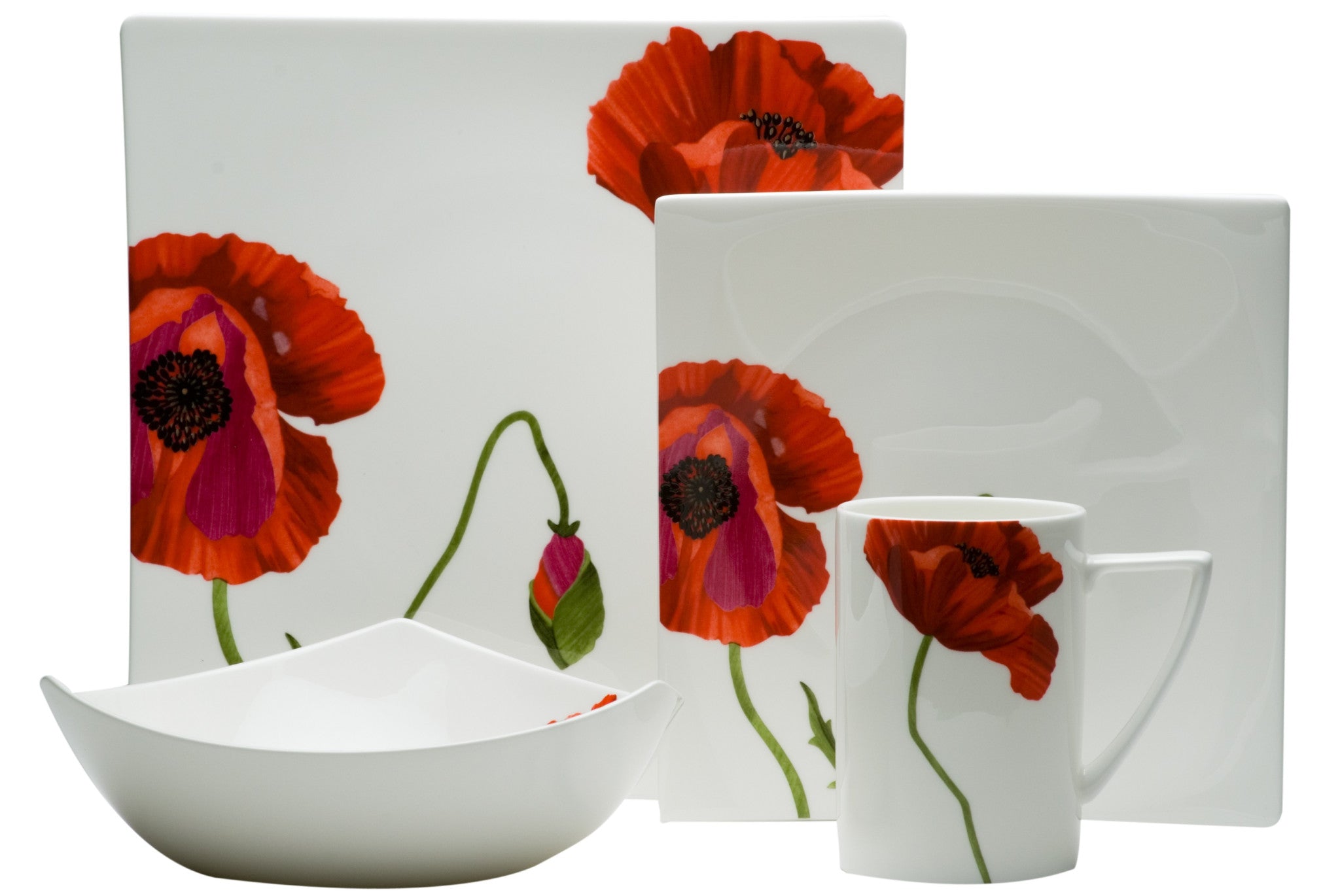 Red and White Four Piece Square Floral Bone China Dinnerware Set-4