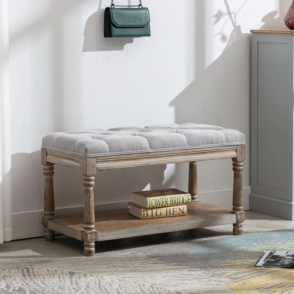 Grey Tufted Upholstered Storage Ottoman Bench Shelf-1