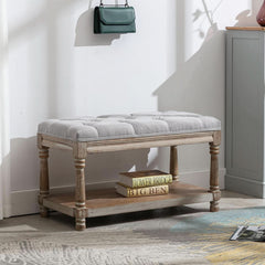 Grey Tufted Upholstered Storage Ottoman Bench Shelf-1