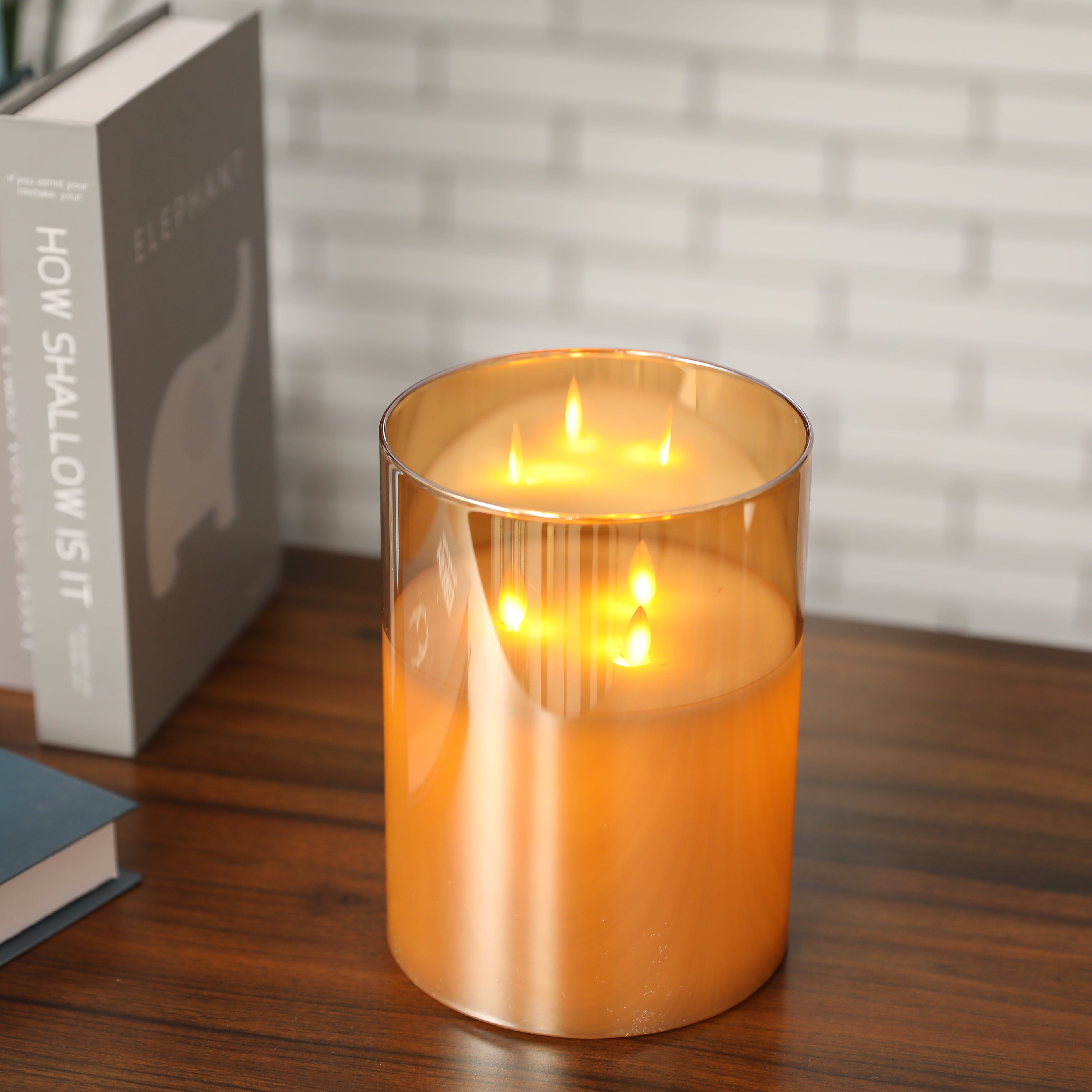8''High 3-Wick Glass Battery Operated Flameless Candles Yellow-1