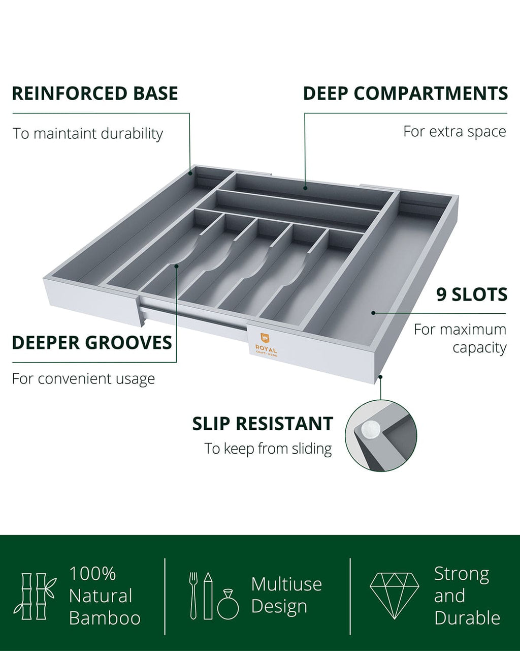 Silverware Drawer Organizer, Gray (9 Slots)-2