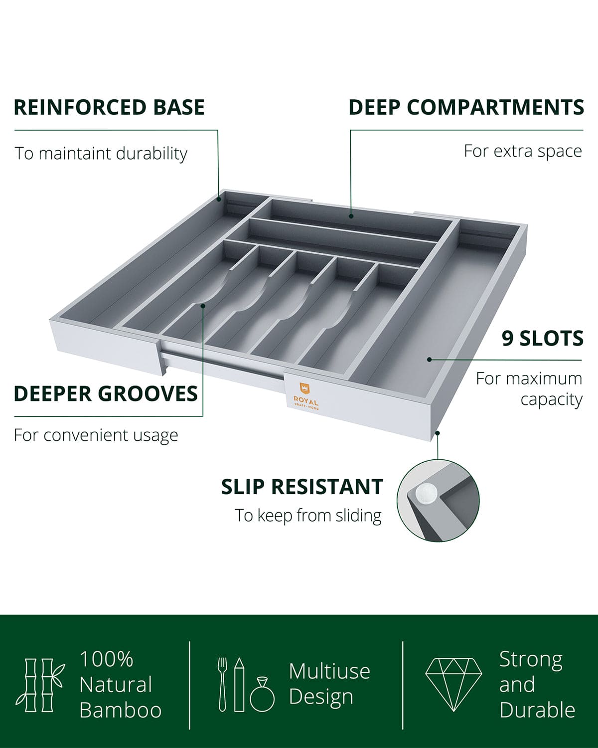 Silverware Drawer Organizer, Gray (9 Slots)-2