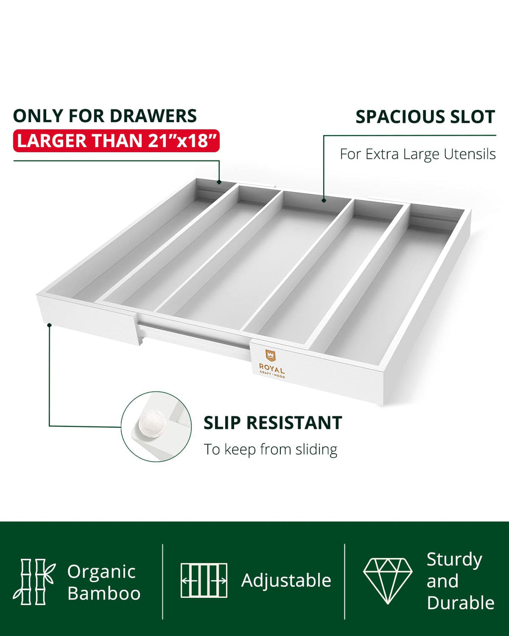 Utensil Drawer Organizer, White (5 Slots)-3