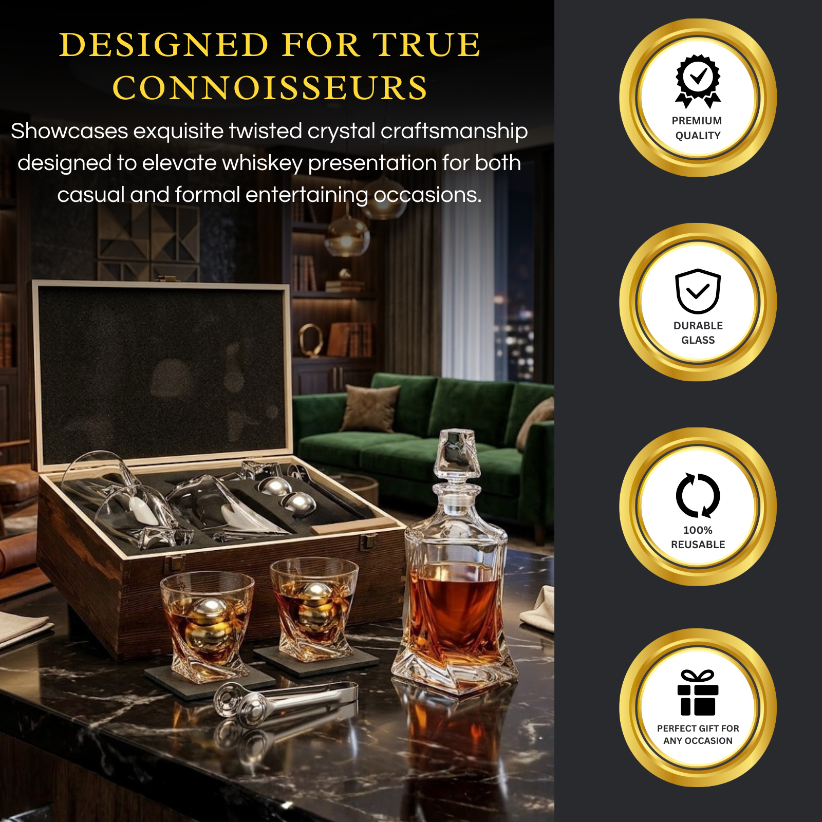 Japanese Crystal Whiskey Decanter Set in Wooden Storage Box
