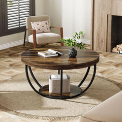 Round Coffee Table 31.7Inches Rustic Brown Storage-4