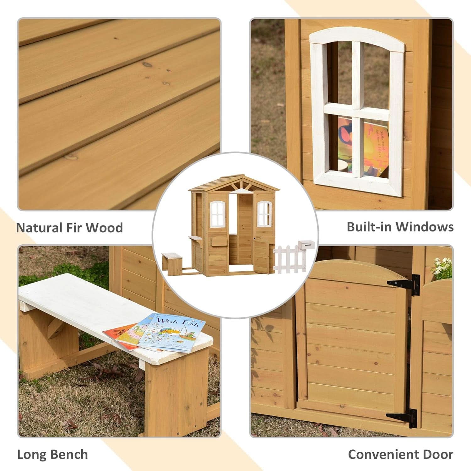 Kids Outdoor Wood Playhouse With Working Door And Windows-3