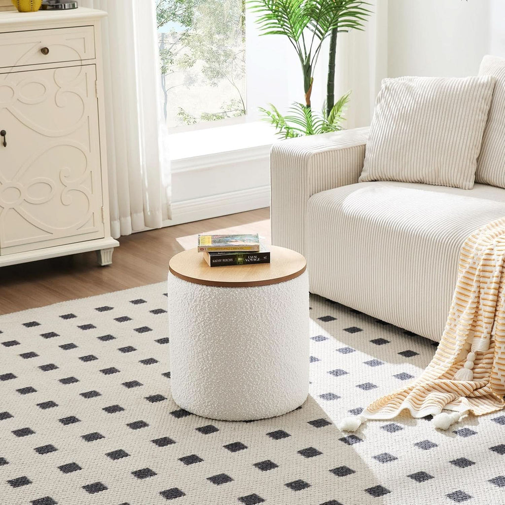 Circular Storage Ottoman Sixteen Inch White Boucle-3