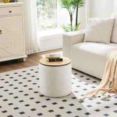 Circular Storage Ottoman Sixteen Inch White Boucle-3