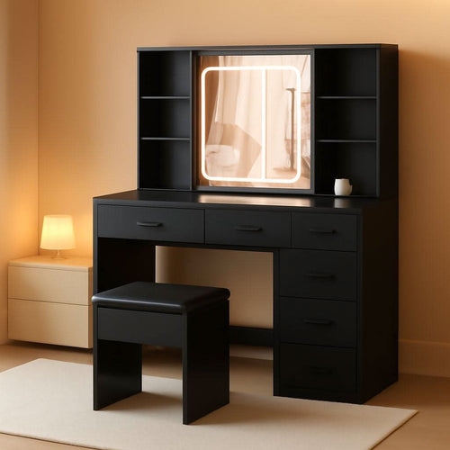 Black Vanity Desk With Large Mirror Illumination Mode-0