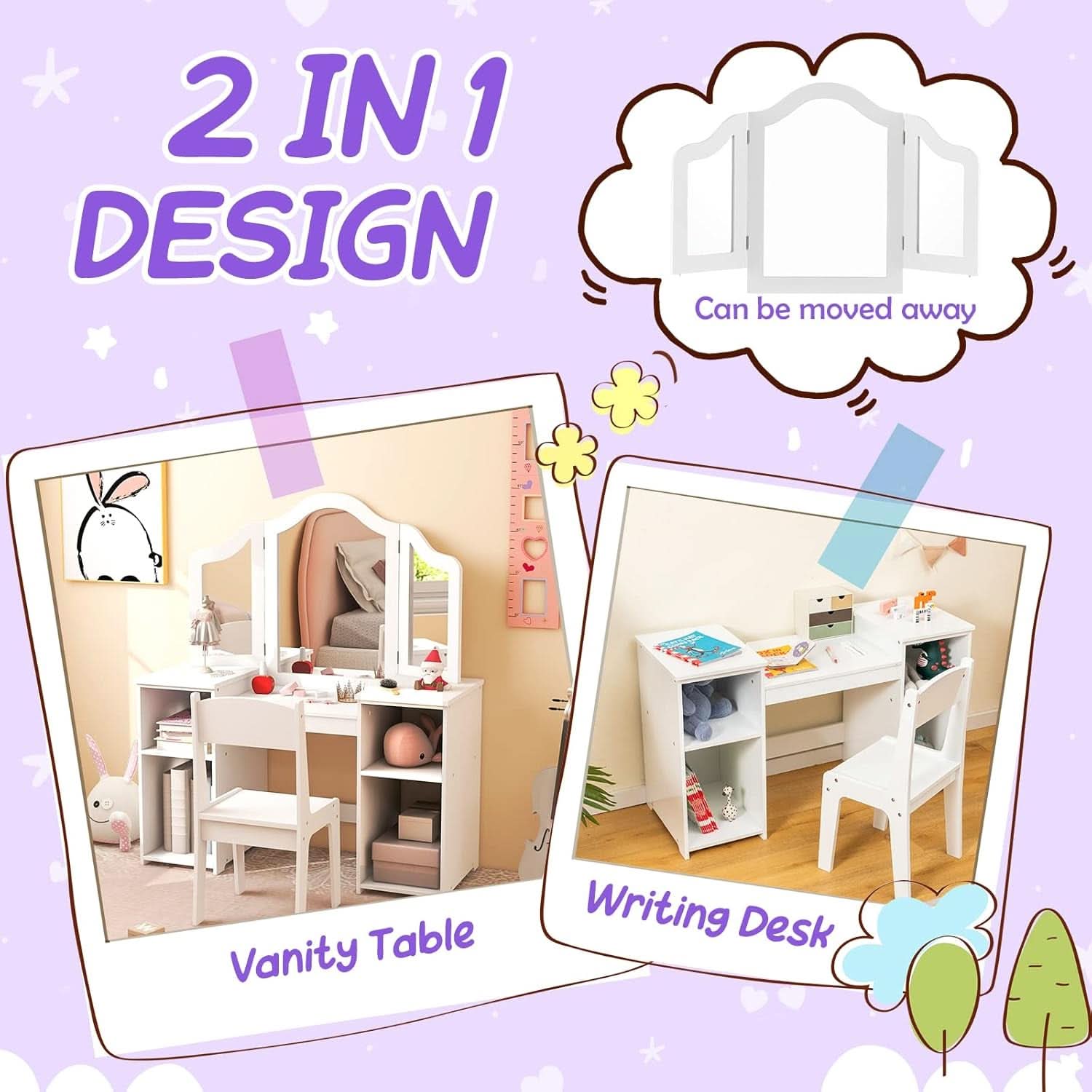 White Princess Vanity Desk Featuring Detachable Mirror-1