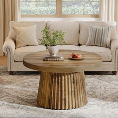 Solid Walnut Round Coffee Table 31.5 Inches Drum Base-0