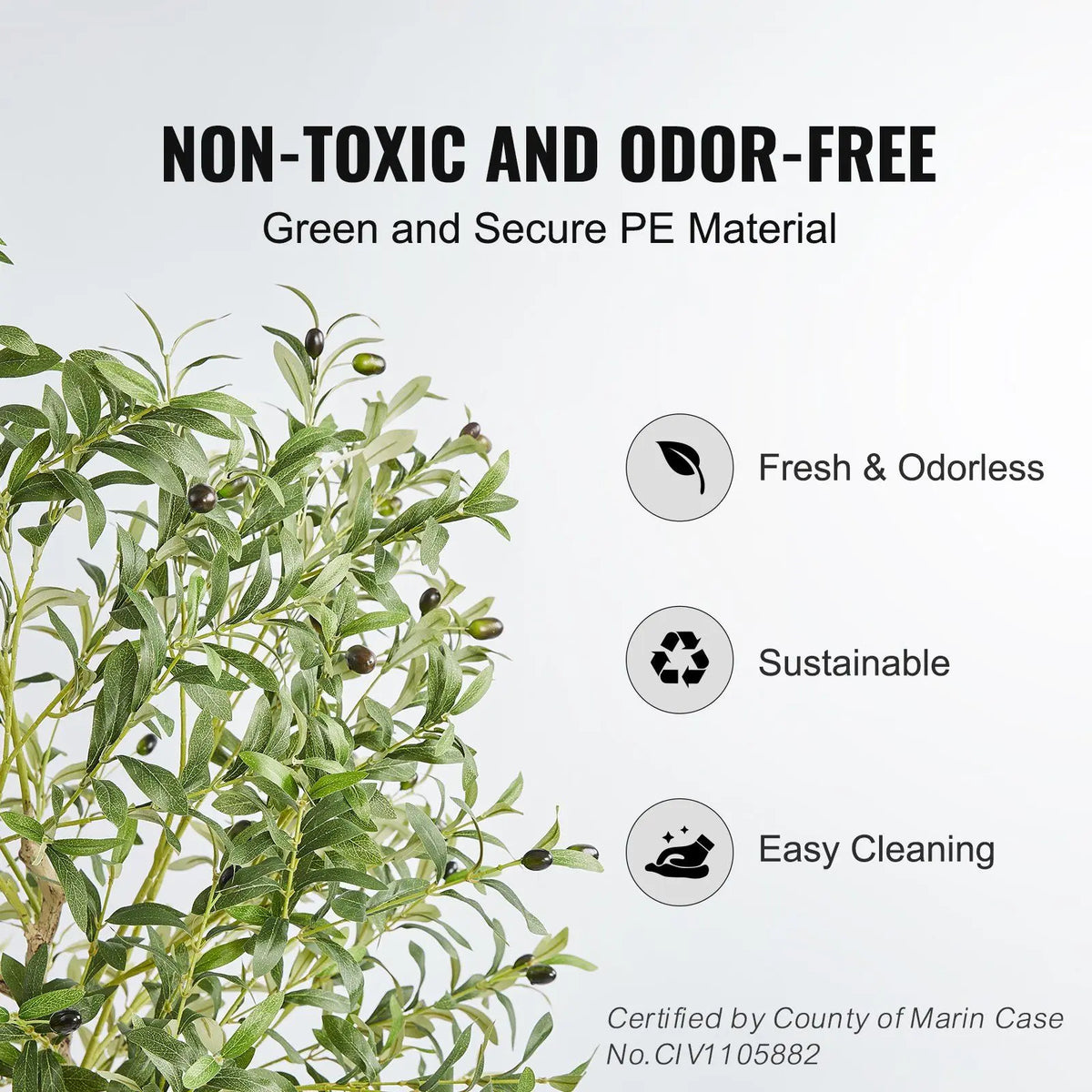 Artificial plant with text about non-toxic, odor-free, green, and secure PE material.