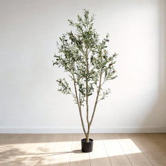 Potted artificial olive tree plant on a wooden floor with a white wall background