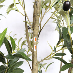 Artificial olive tree branch with green leaves and a single black olive assembled on a white background.