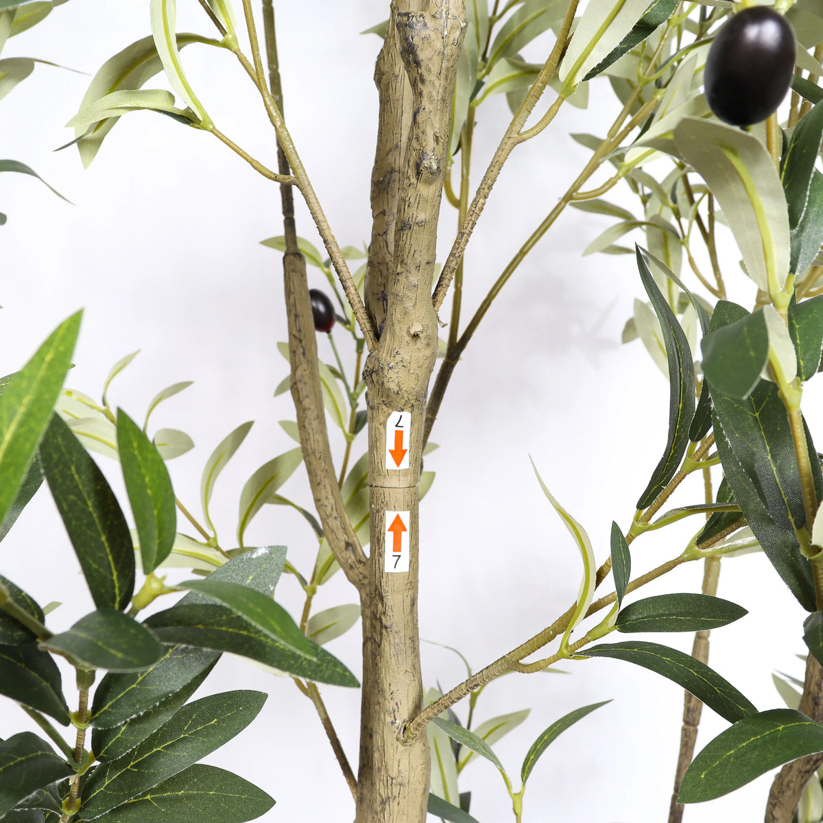 Artificial olive tree branch with green leaves and a single black olive assembled on a white background.