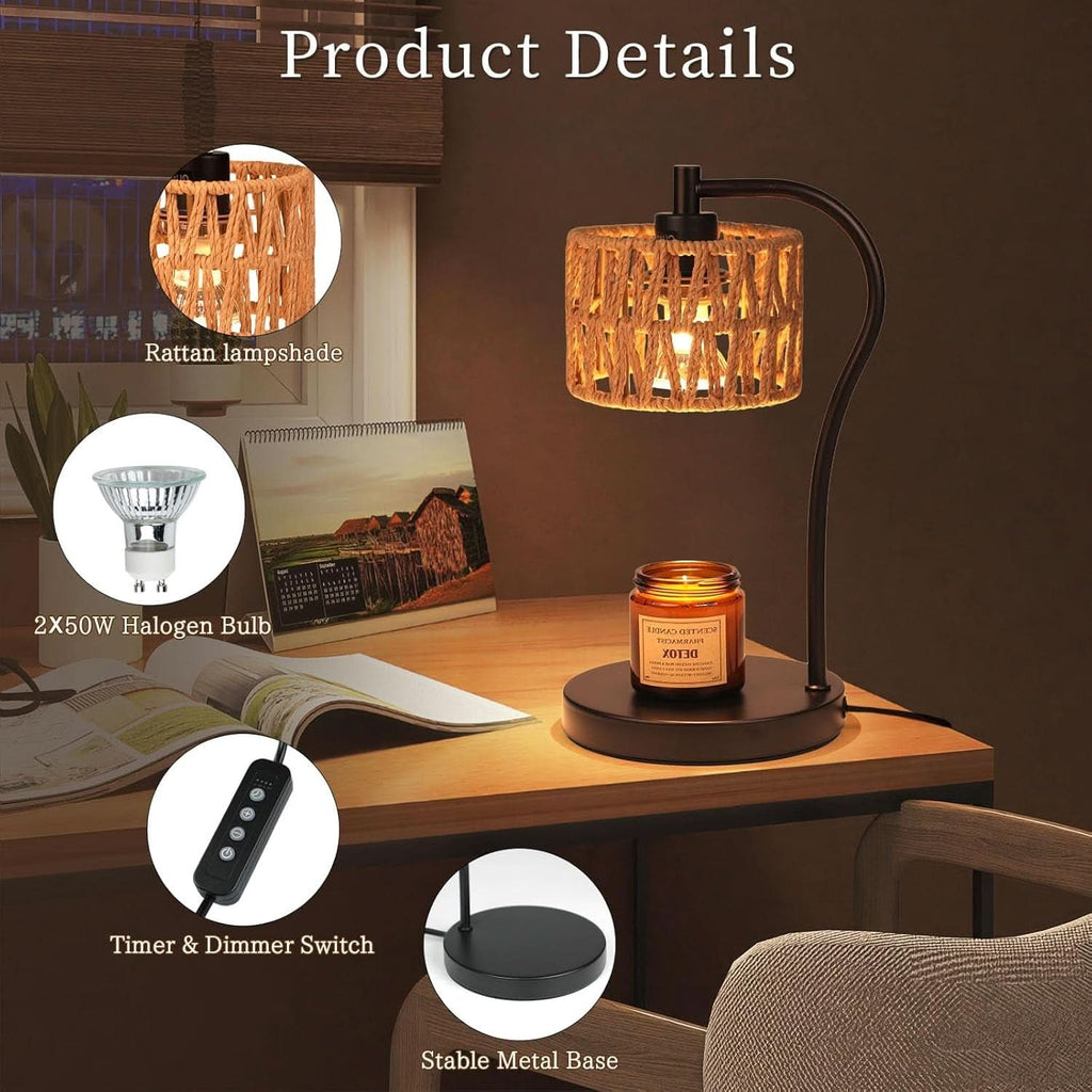 Candle Warmer Lamp With Fully Dimmable Rattan Shade