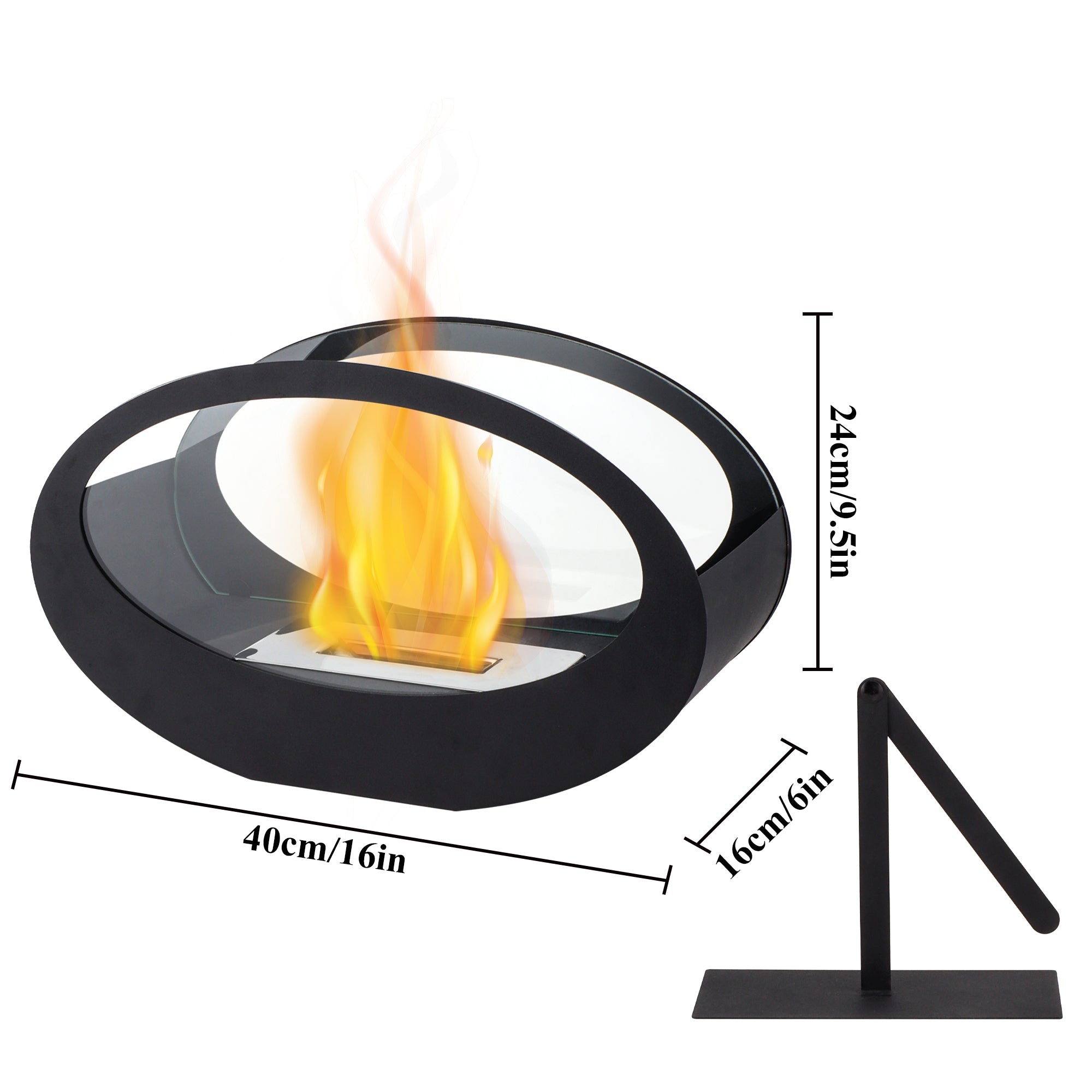 16"x9.5"H Black Metal Double Sided Oval Tabletop Fireplace-1