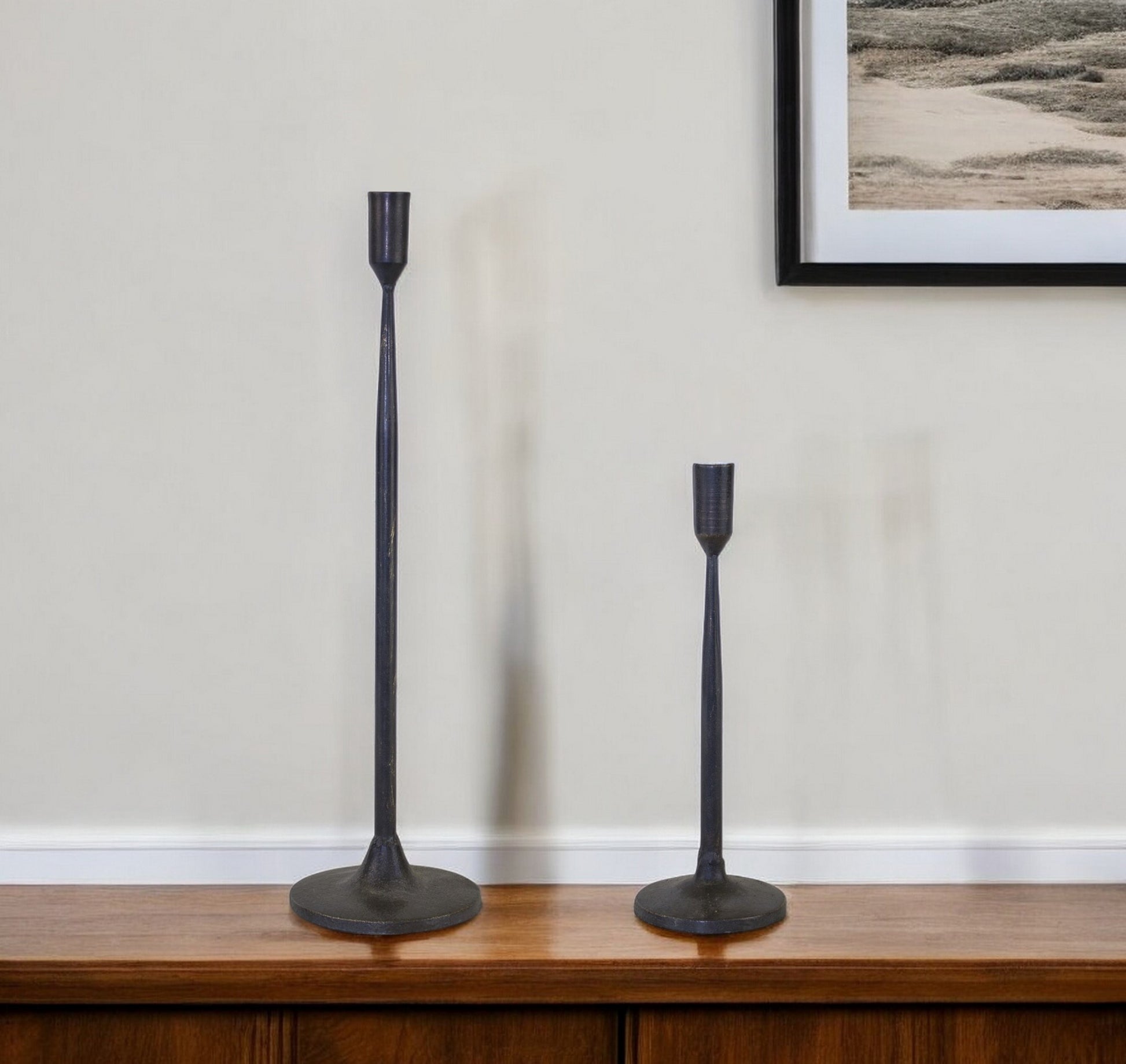 Set of Two Black Distressed Metal Tabletop Taper Candle Holders-0