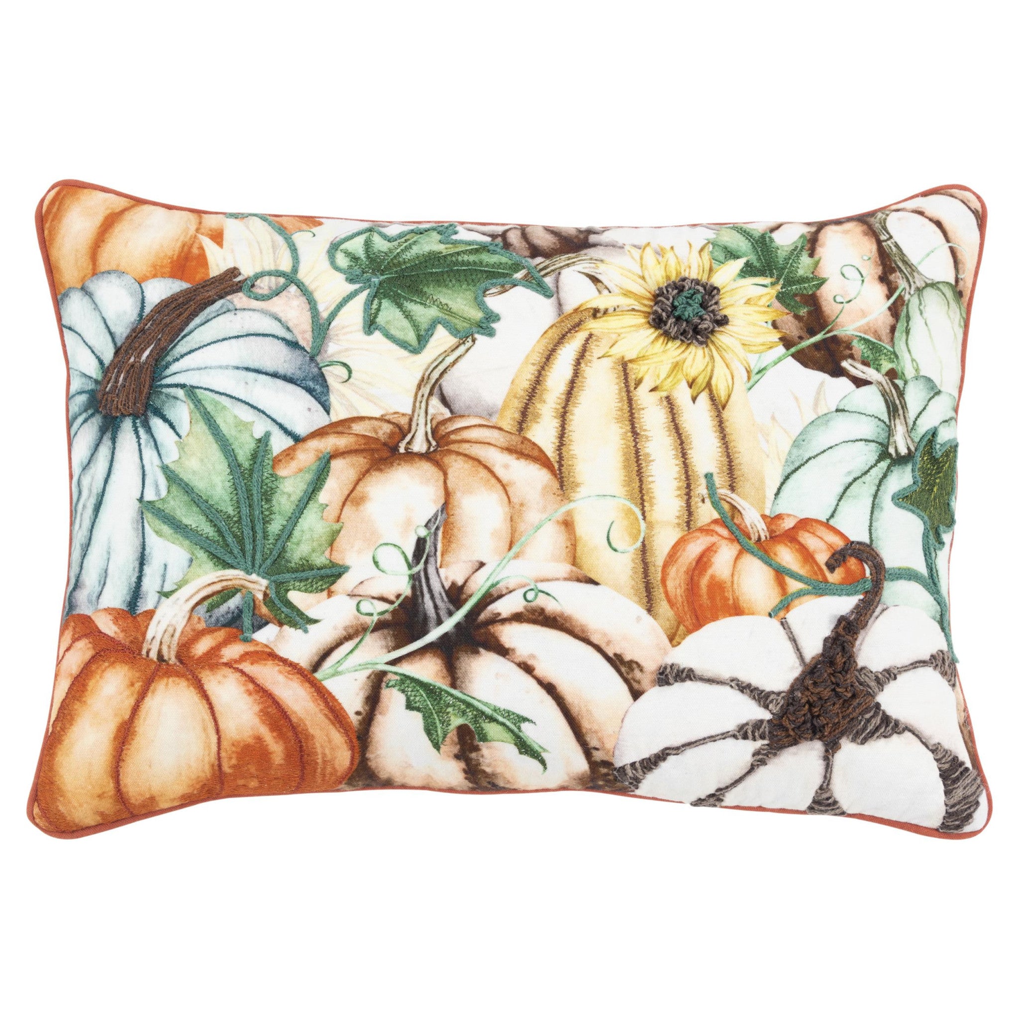 14" X 20" Orange and Ivory Thanksgiving Cotton Pillow With Embroidery Edges-0