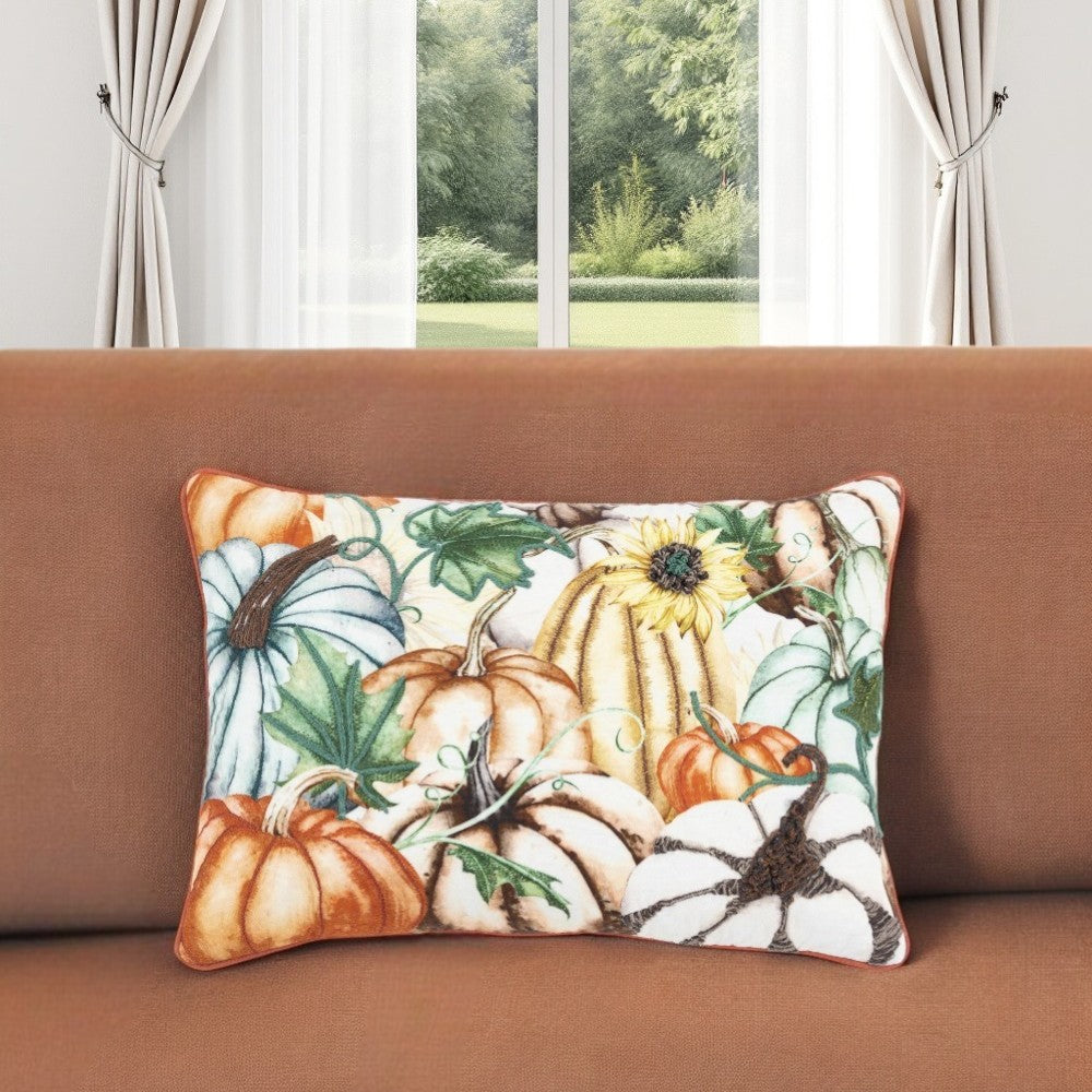 14" X 20" Orange and Ivory Thanksgiving Cotton Pillow With Embroidery Edges-1