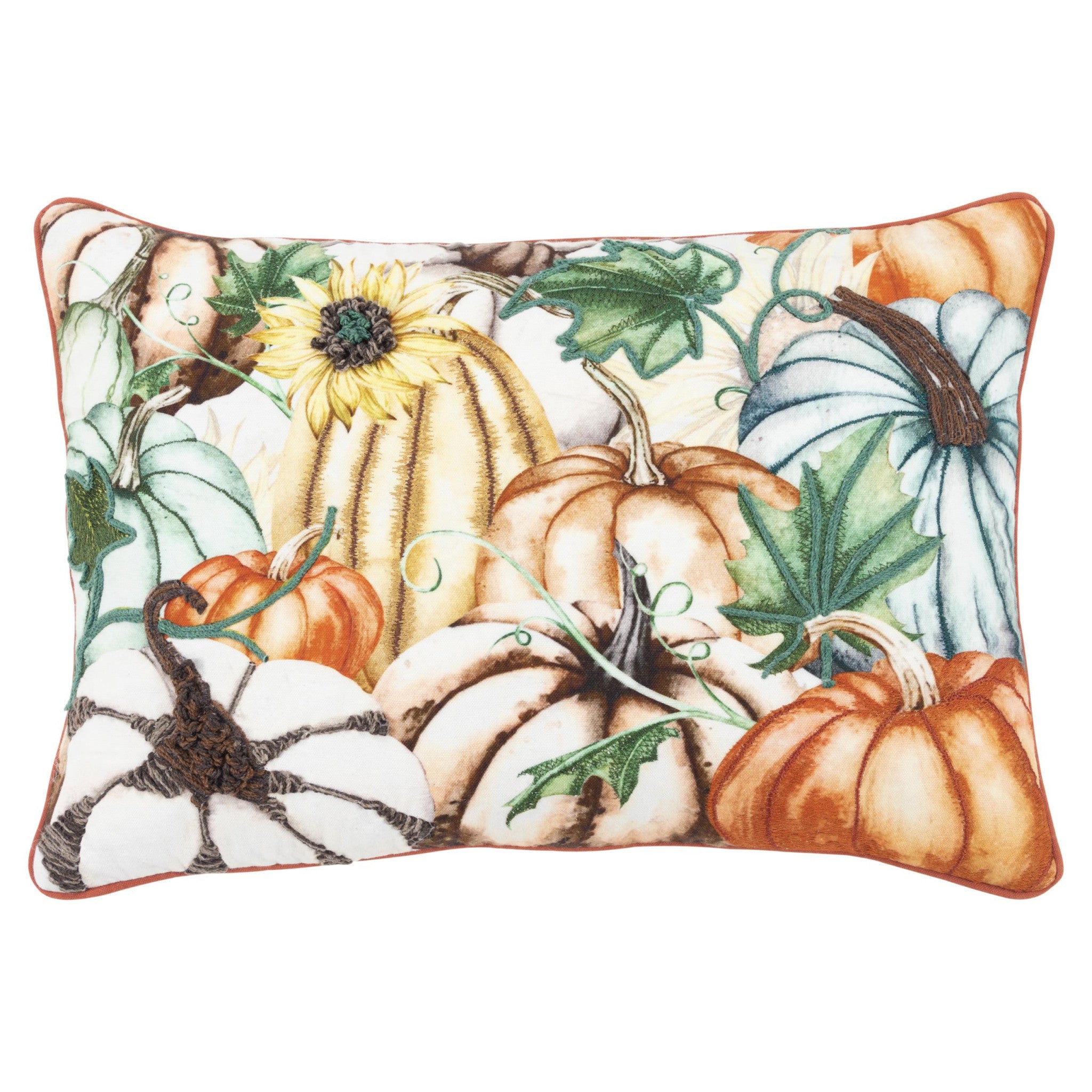 14" X 20" Orange and Ivory Thanksgiving Cotton Pillow With Embroidery Edges-3