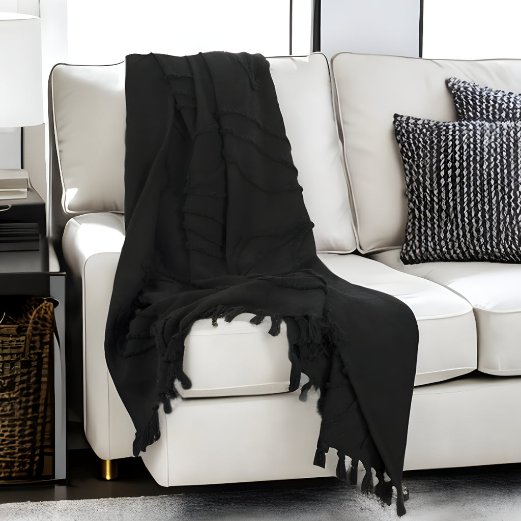 Black Woven 100% Woven Textured Cotton Throw Blanket-1