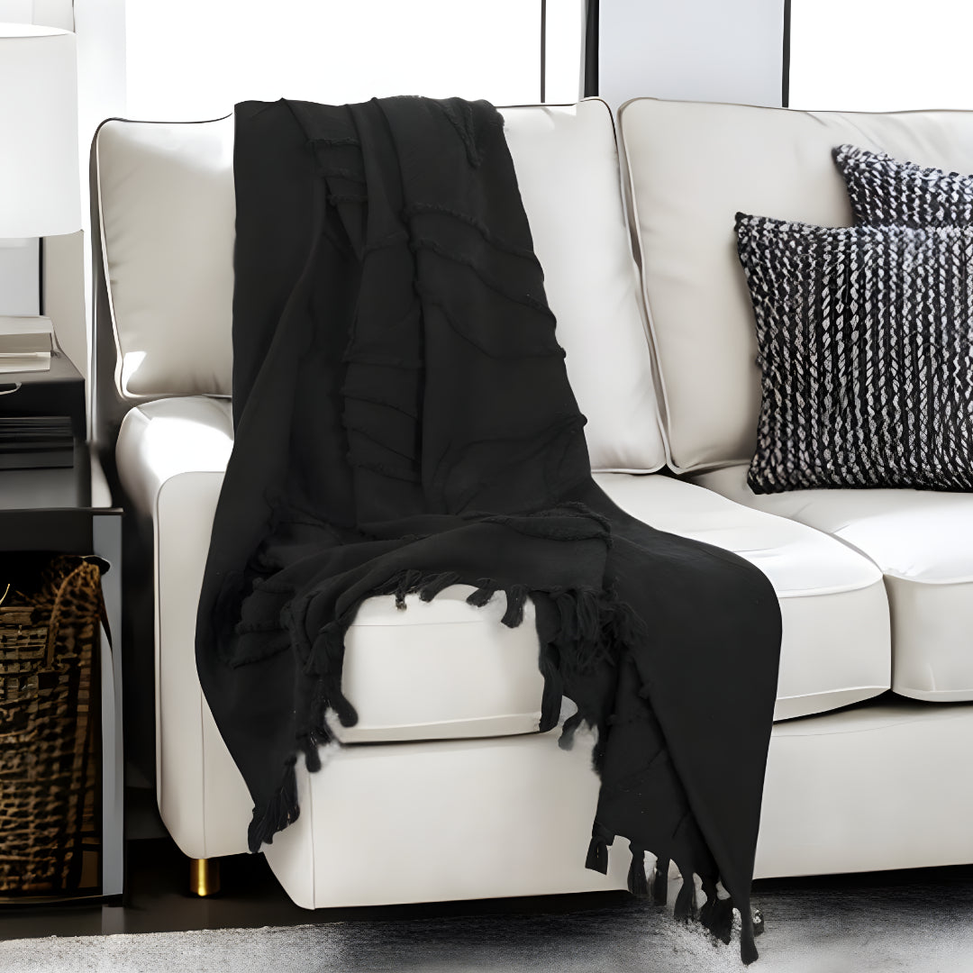 Black Woven 100% Woven Textured Cotton Throw Blanket-1