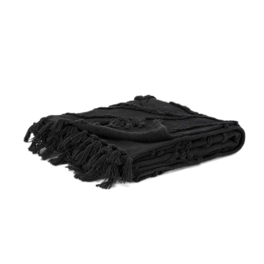 Black Woven 100% Woven Textured Cotton Throw Blanket-0