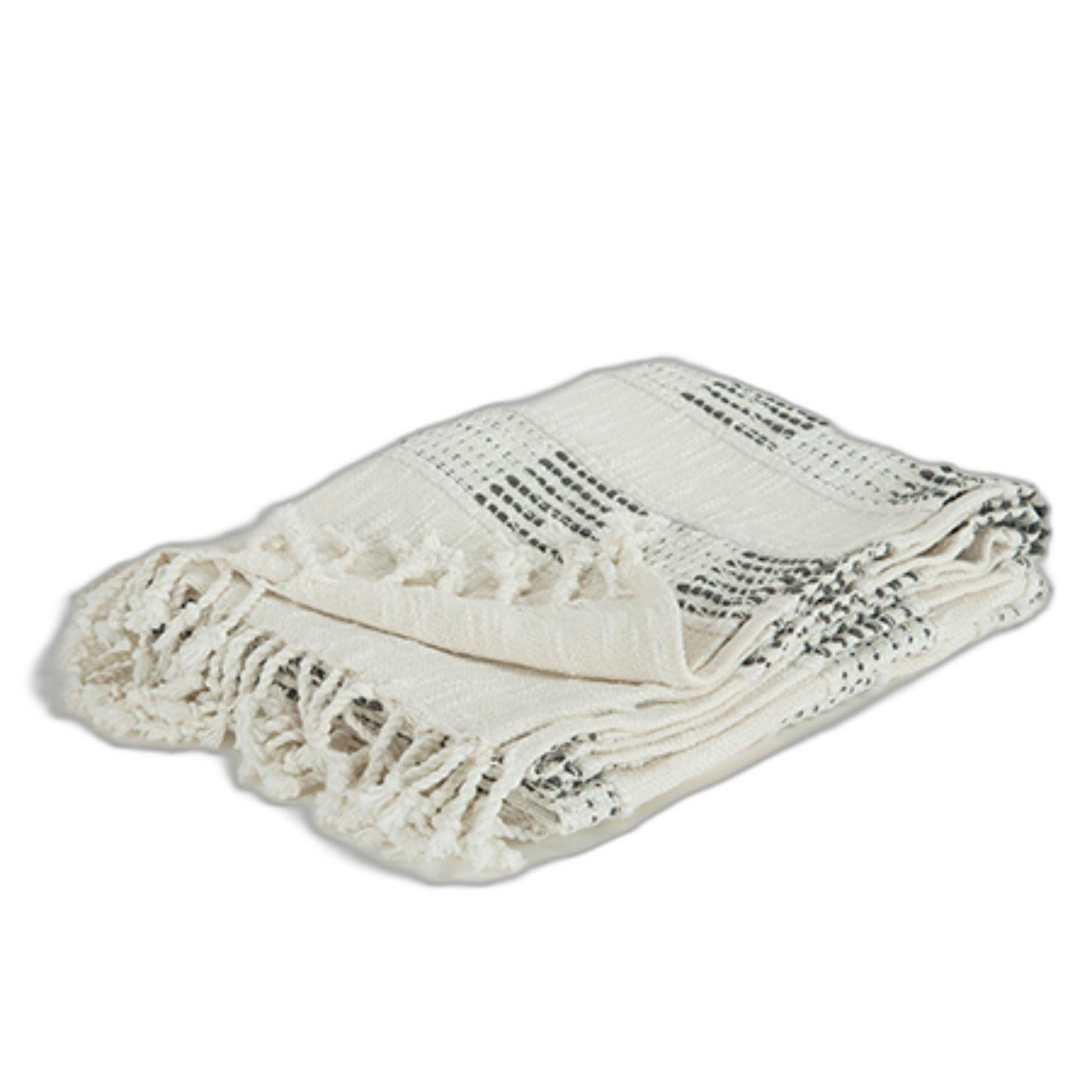 Beige and Gray Woven Cotton Throw Blanket with Fringe-0