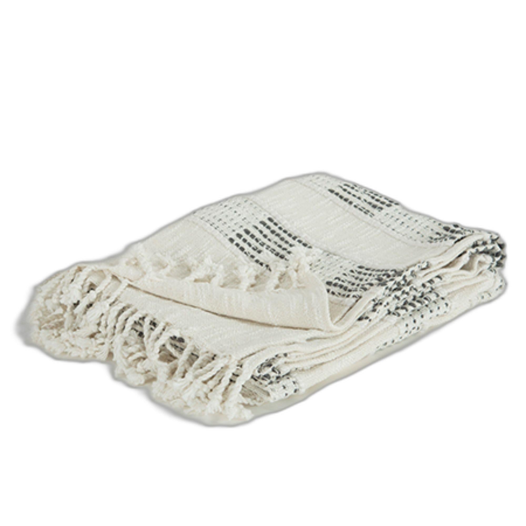 Beige and Gray Woven Cotton Throw Blanket with Fringe-0