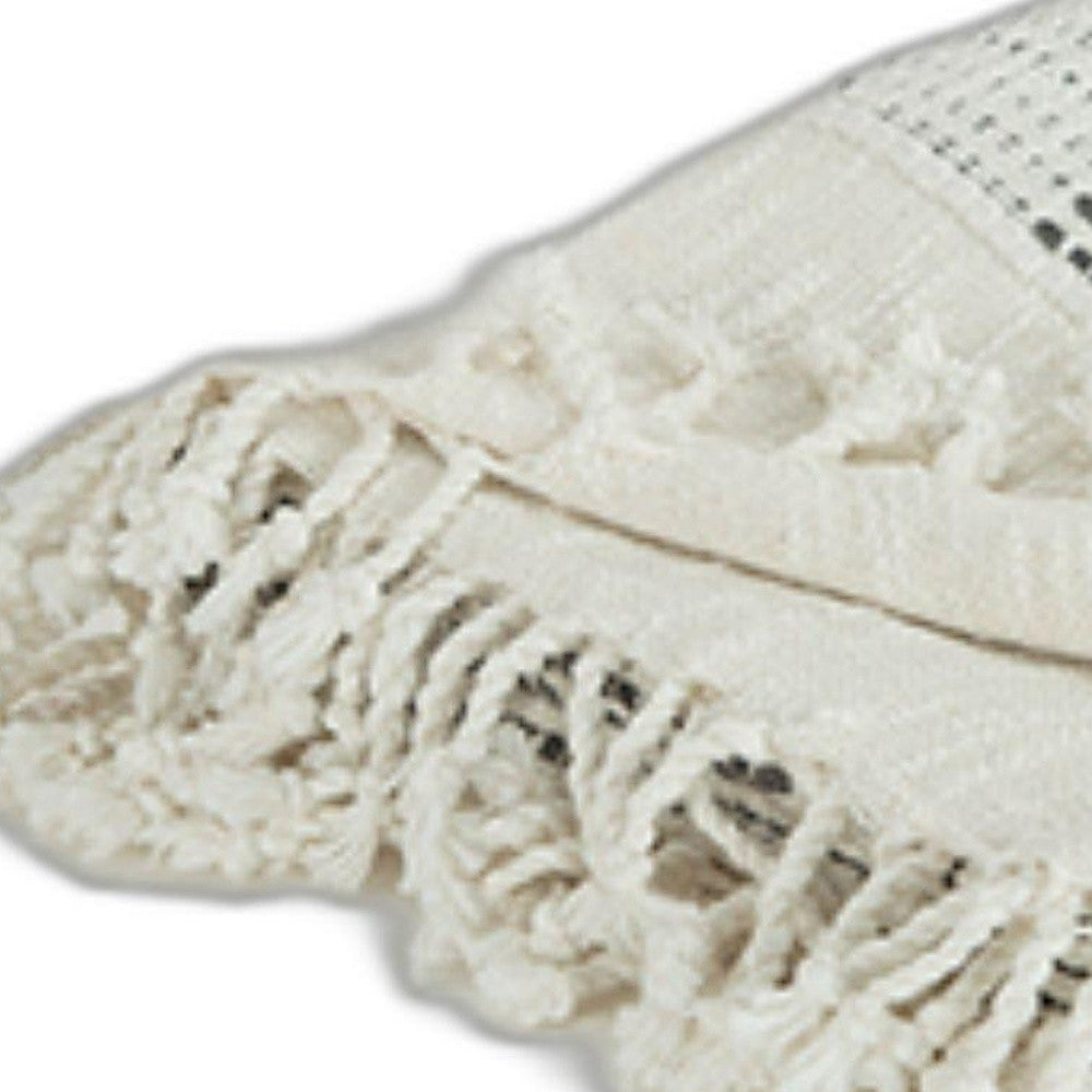 Beige and Gray Woven Cotton Throw Blanket with Fringe-2