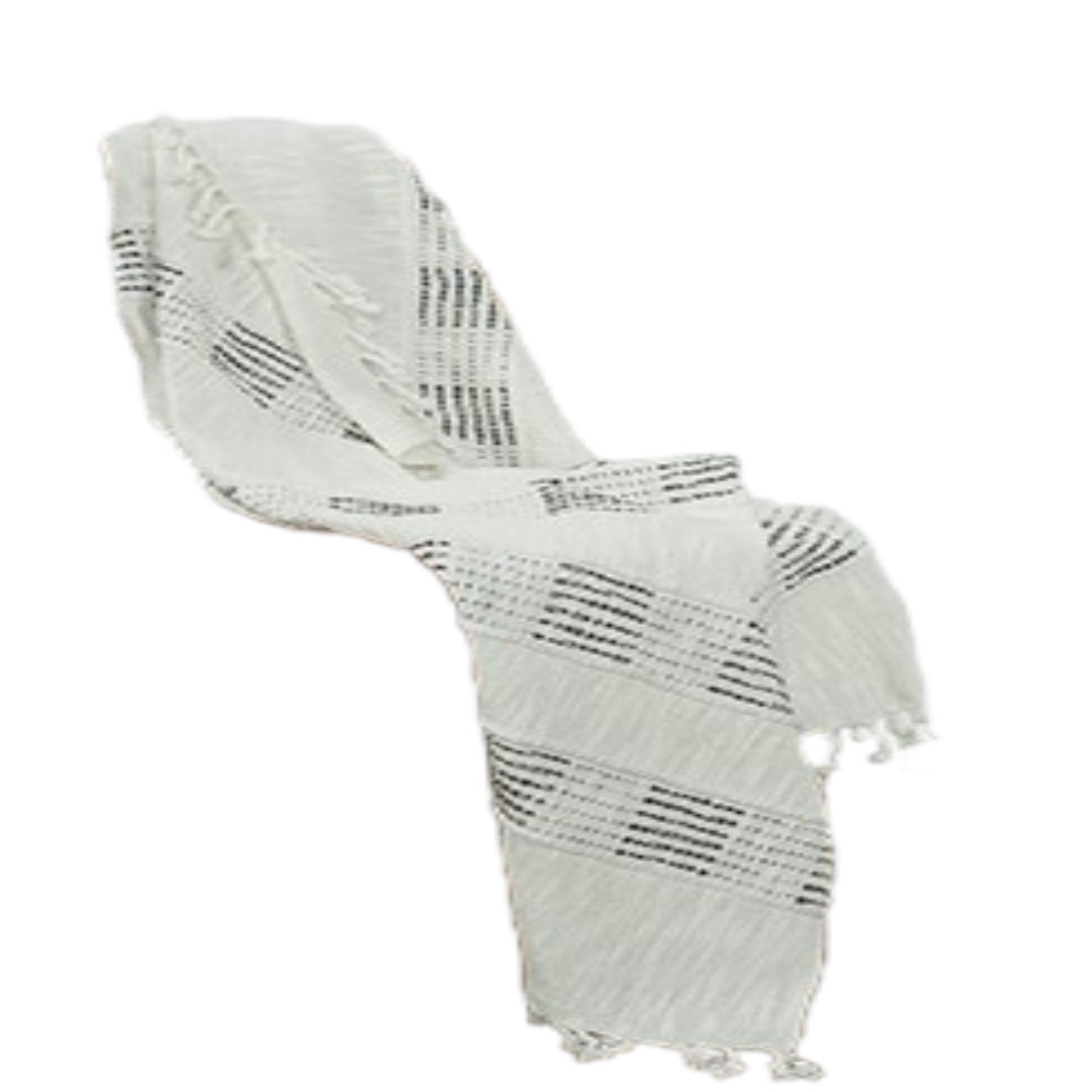 Beige and Gray Woven Cotton Throw Blanket with Fringe-1