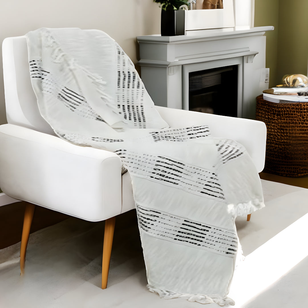 Beige and Gray Woven Cotton Throw Blanket with Fringe-4