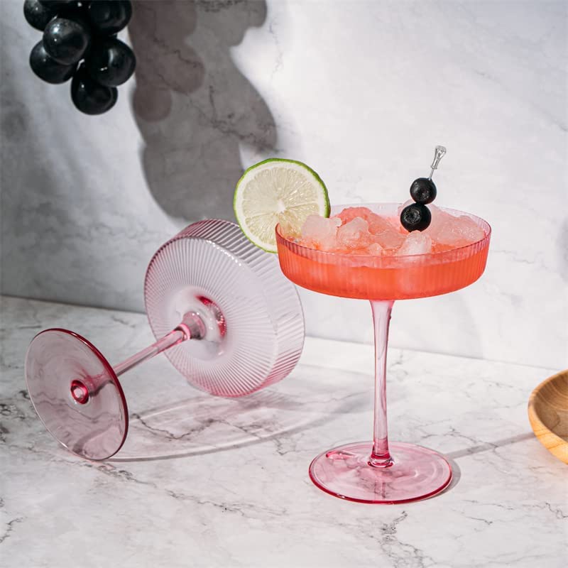 The Wine Savant Ribbed Coupe Cocktail Glasses 8 oz | Set of 2 (Rose Pink)-2