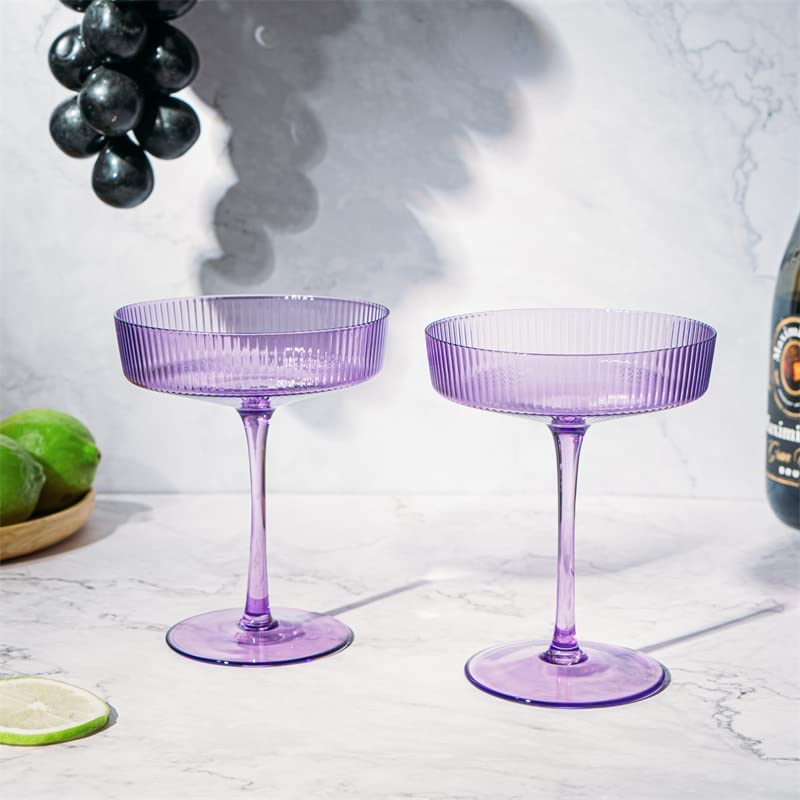 Ribbed Coupe Cocktail Glasses 8 oz | Set of 2 (Lavender, Set of 2)-3